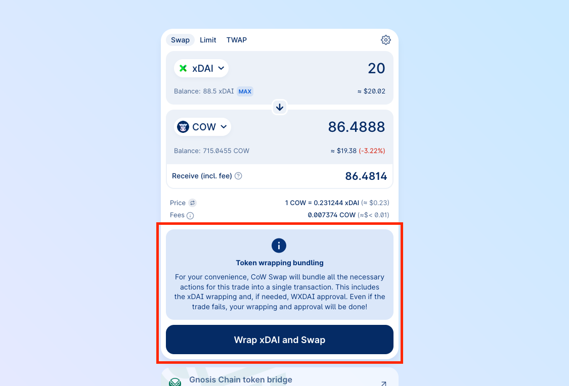 Wrap and order placement bundle with Safe CoW Swap app. View of CoW Swap SWAP form.